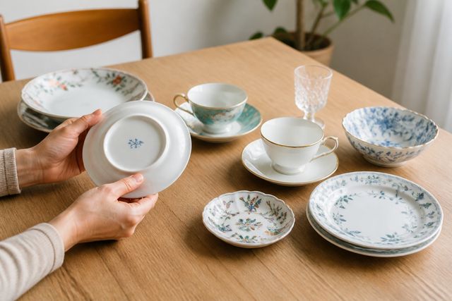 箱のない食器の刻印や状態を確認する手元